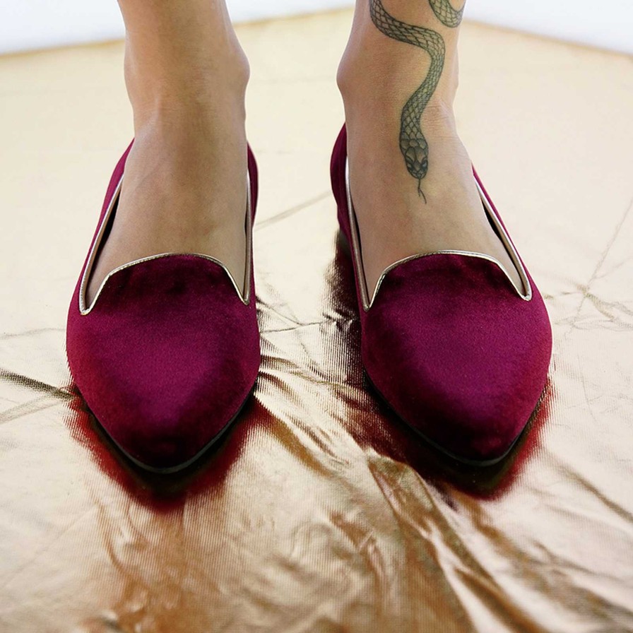 Spring Summer Patty Shoes | Handcrafted Women'S Ballet Flats In Genuine Leather And Burgundy Velvet