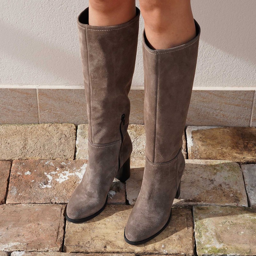 Autumn Winter Patty Shoes | Women'S High Boots In Suede With Side Zip In Taupe Color